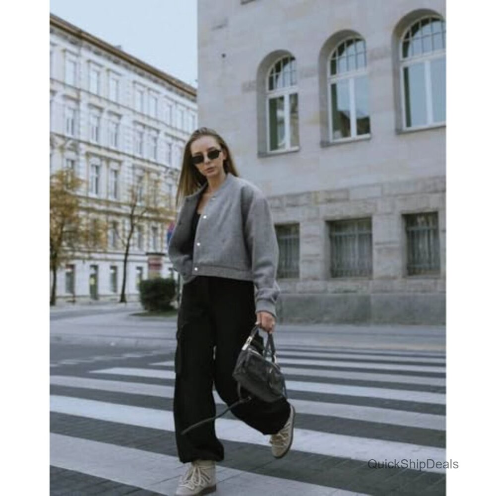 Cropped Bomber Jacket Wool Blend Button Down Long… - image 4